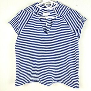 Free Assembly Top Womens Medium Terry Cloth Popover Short Sleeve Blue White